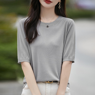 25 New Summer Tencel Lyocell Round Neck Knitwear Short-Sleeved T-Shirt Women's Pure Color Loose Pullover Bottoming Shirt