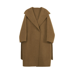 Rongtai Wool Camel Velvet Double-Sided Woolen Coat Women's Lazy Sense Hooded Bathrobe Small Lace-Up Long Coat