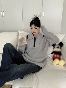 "korean School Art Student" Gray Embroidered Sweater Women's Spring and Autumn High-quality Half Placket Sweater
