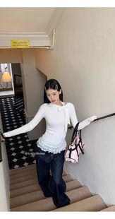 [250g comfortable velvet] bow tie long sleeve T-shirt women's lace slim bottoming top white