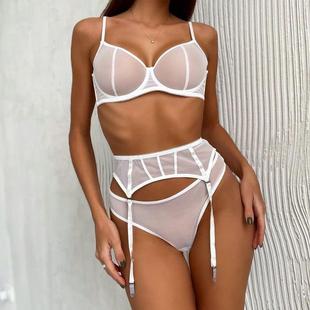 Meixiu European and American sexy thin perspective temptation bra suit sexy underwear garter belt three-piece French bra
