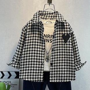 Children's Clothing Boys Spring Coat 2024 New Cool Handsome Baby Shirt Boy Handsome Children's Houndstooth Shirt Trendy