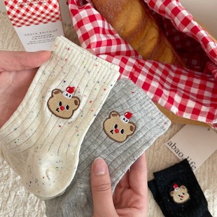 Cartoon Embroidered Bear Point Yarn Color Point Yarn Cute Hollow Mid-Socks Women's Personality Fashionable Socks Breathable Vertical Strip