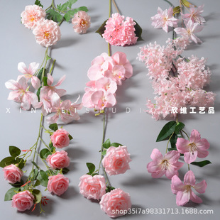 Pink simulation flower wedding auditorium layout landscaping fake flower background wall decoration flower ceiling flower road guide flower arrangement flower