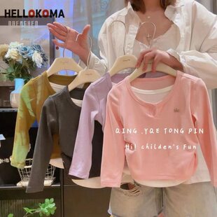 Girls' Autumn Fake Two-piece T-shirt 2025 New Fashion Children's Western Style Casual Outer Wear Middle and Big Children's Base Shirt for Women