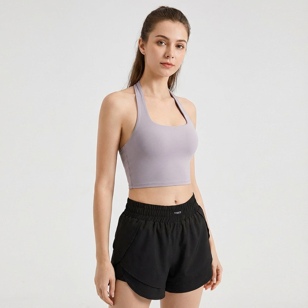Sexy halter neck padded back sports bra for women, nude-feeling pleated push-up bra halter neck fitness vest