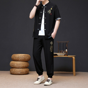 New Guofeng suit Men's Summer New Vertical Collar Cardigan Short-sleeved Trousers Youth Men's Casual 2-piece Set