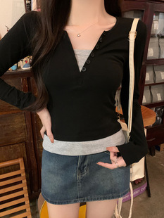 Stitching Contrast Color Fake Two-piece Long-sleeved T-shirt Women's Spring Slim-fit Slimming Chic Base Shirt Niche Design Sense Top