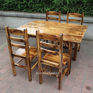 Carbonized Wood Round Table Vintage Carbon Burned Wood Dining Table and Chair Carbonized Burned Wood Fast Food Long Square Table Solid Wood Hot Pot Dining Table