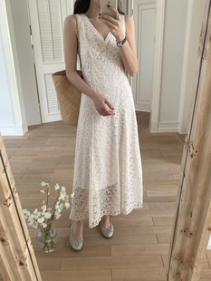 Real Shot! Korean Style Elegant Heavy Lace Crochet V-Neck Lace Waist Slimming Look Dress Women's New Style