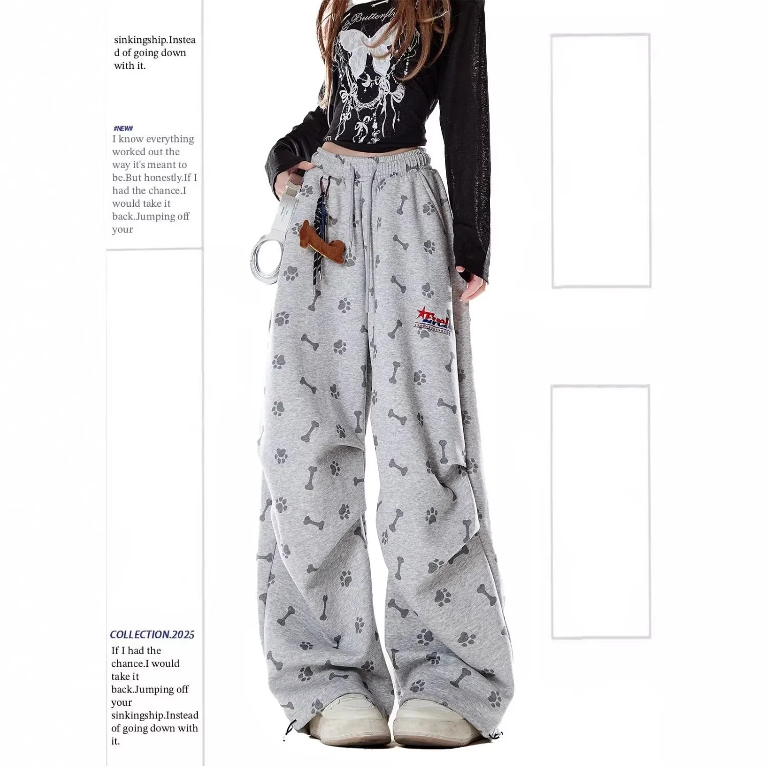 American-Style Gray Printed Sports Sweatpants for Women, Autumn and Winter New Style, Pleated Relaxed Fit, Loose Casual Versatile Pants