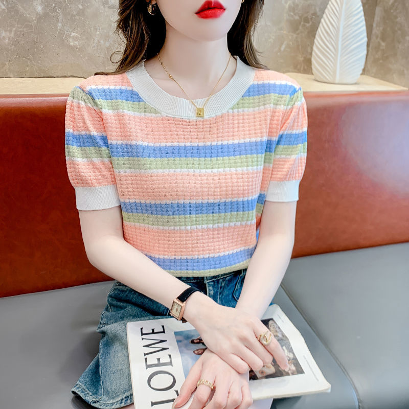 한국식 스파이스 걸 젠틀 스위트 스타일 라운드 넥 대비 컬러 모든 매치 스트라이프 스웨터 여성용 여름 새로운 반팔 탑 트렌디