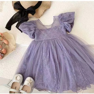 Children's Style Mesh Puff Sleeve Dress Baby Dress Korean Style Kidsren's Clothing 2025 Summer Dress Girl Princess Dress