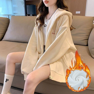 Embroidered pattern hooded sweater girls cardigan coat 2024 spring autumn winter new lazy wind loose long sleeve top