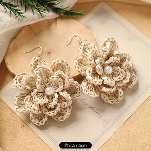 Original Vintage Handmade Grass and Rattan Woven Earrings Bohemian Long Holiday Ethnic Style Niche Wooden Earrings for Women