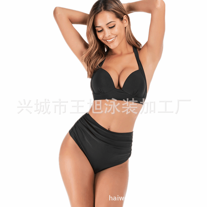 New Swimwear Triangle Split Sexy Large Size High Waist Solid Color Hard Cup Bikini European and American