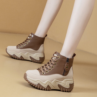 2023 autumn new high-top hidden-height leather high-top shoes casual platform color matching women's boots fashion wedge women's shoes