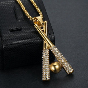 Cross-border European and American Creative Hip Hop hiphop Pendant Stainless Steel Full Diamond Gold Plated Baseball Bat Pendant Source Factory