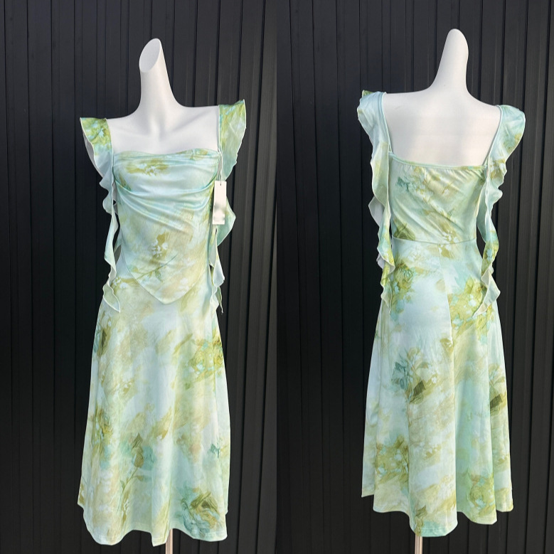 Seaside Vacation Dress Mint Ice Gradient Party Spaghetti Strap Dress Women's Summer French Style Waist-Cinching Gradient Fishtail Dress