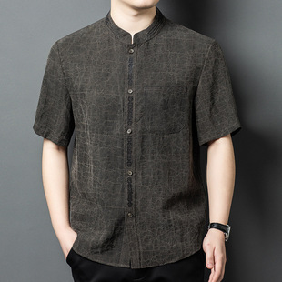 Silk Short-sleeved Shirt Men's Turtle Cracked Xiangyun Yarn Middle-aged Mulberry Silk Summer Tang Clothes Men's Shirt Collar Men's Clothing