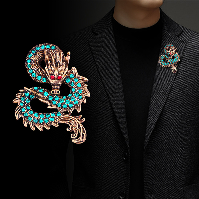 Classic Retro Chinese Style Domineering Dragon Brooch Men's Zodiac Corsage High-End Diamond-Encrusted Pin Coat Accessories