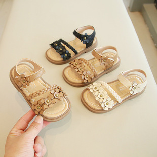 2023 Summer New Girls Woven Sandals Children's Flower Princess Shoes Middle and Big Children's School Soft Sole Beach Shoes