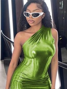 European and American style women's clothing hot 2023 spring foreign trade New Sexy Slim solid color slant shoulder sleeveless hip dress
