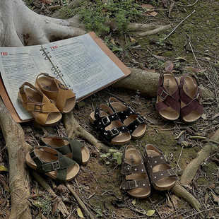 XUIU "Cork Birkken" Leather Children's Sandals Open Toe All Cool Velcro Men's and Women's Velvet Wenzhou Shoes