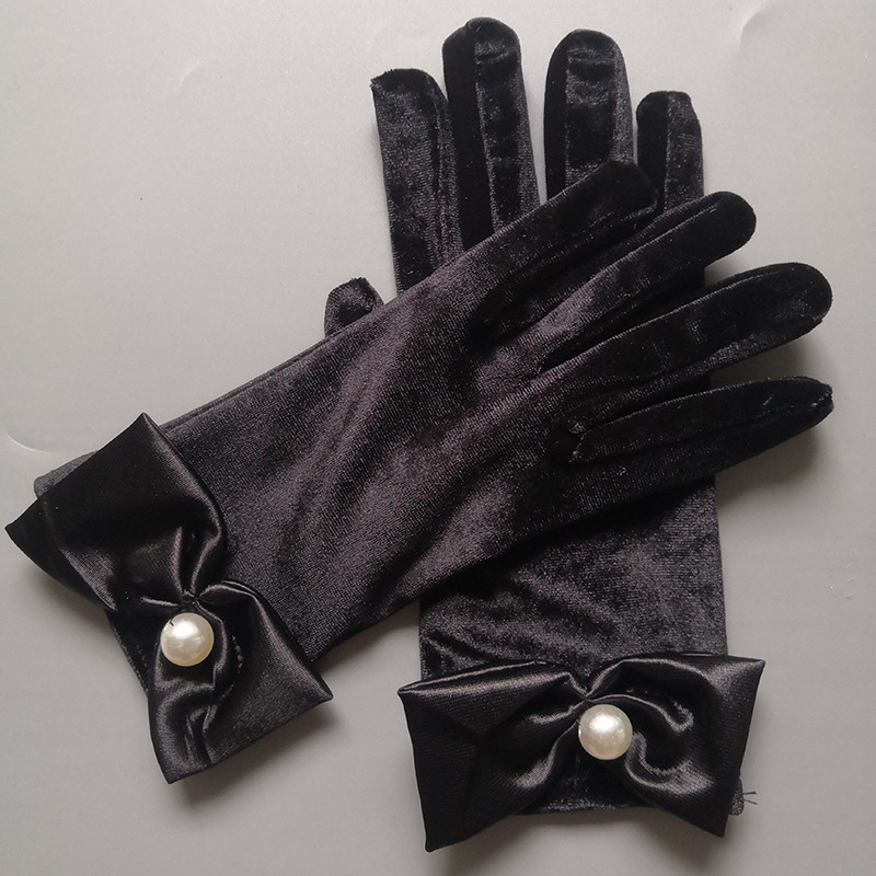 Bridal gloves black velvet bow Pearl gloves Halloween photography photo socialite evening dress wine red