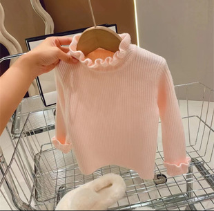 Spring, autumn and winter new girls sweater foreign style high collar solid color base shirt children's wooden ear collar sweater wholesale