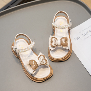Children's Bow Princess Sandals 2025 Summer Fashion Pearl Girls Open Toe Beach Shoes Student Korean Style Children's Shoes