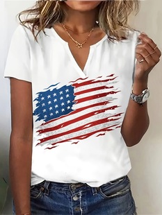 2025 Summer Women's Short Sleeve T-Shirt Fashion Independence Day Flag Cat Print Short Sleeve Top Casual Women's Clothing