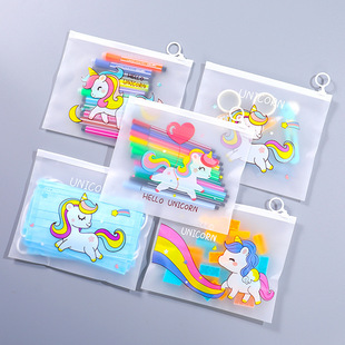 Cute Unicorn Cartoon File Storage Bag Simple Ring Zipper Bag Student Transparent Mask Storage File