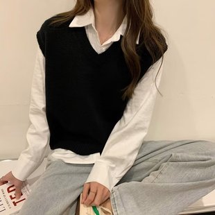 Spring, autumn and winter Korean style college all-match black knitted vest women's loose V-neck sweater vest outer vest