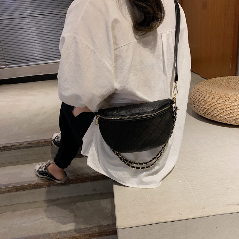 Internet celebrity style chain wide shoulder strap crossbody chest bag women's crossbody all-matching ins trendy casual all-match Chanel style waist bag