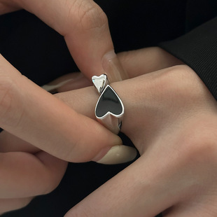 Simple Love Ring Women's Fashionable Distinctive Exquisite Dropping Glaze Black S925 Silver Plated Opening Ring Food Finger Ring Trendy