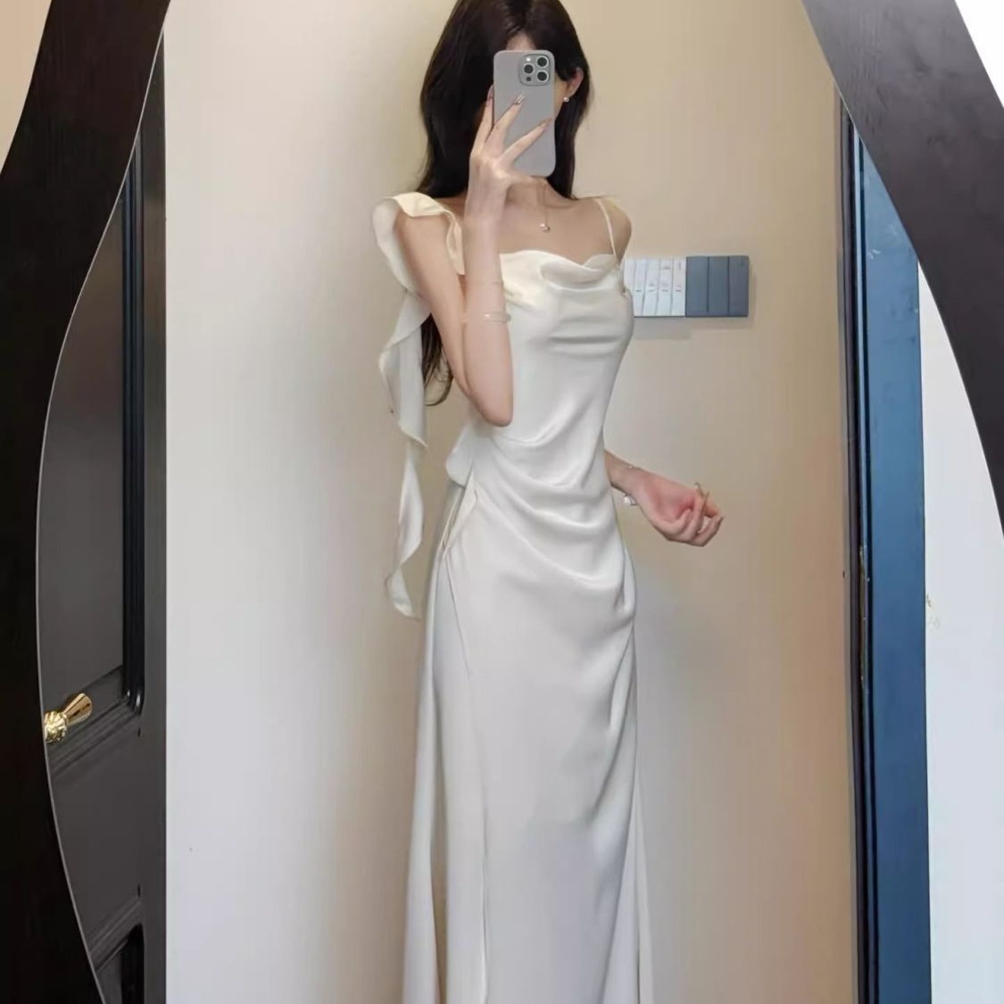 French-Style 2025 Satin Strap Swing Collar Dress, New Summer Design, Elegant Waist-Cinching Mid-Length Dress