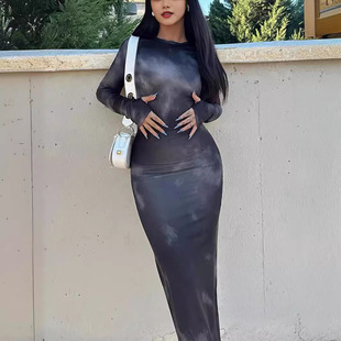 2024 Amazon European and American Clothing 2024 Autumn and Winter New Tie-dye Long-sleeved Slim Sexy Dress Wholesale Women