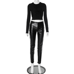 D24ST561 cross-border European and American suit 2024 new Amazon long sleeve stretch PU leather pants women's tight leggings