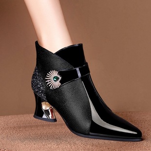 Real soft leather European and American style popular autumn and winter New real soft leather mid heel short boots women's spring and autumn boots fleece-lined warm