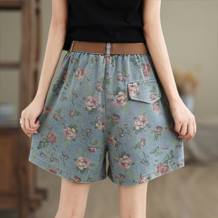 Summer 2024 New Arrival plus size Women's Pants Vintage Denim Printed A- Shed Loose Wide-Leg Shorts for Women