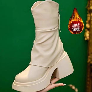 Z Thick-soled Small Leather Boots Spring and Autumn New Round Toe British Style Women's Boots Increased Long Barrel Rear Zipper Sexy Western Style Boots