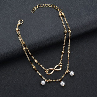Europe and the United States cross-border foreign trade summer new ins fashion imitation pearl digital 8 pendant double-layer anklet women's creative foot ornaments