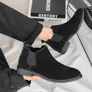 Chelsea Boots Men's 2024 Spring New High-top Leather Boots Fashionable British Martin Boots Solid Color Casual Mid-top Ankle Boots