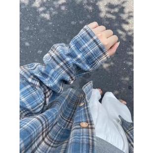 American Retro Sanding Plaid Shirt Men's Long-sleeved Jacket 2024 Spring and Autumn Blue High-end Inner-lined Clothes