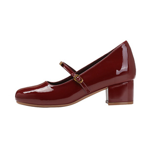 Inner Height Increasing Soft Bottom Red Mary Jane Single-layer Shoes Women's 2025 Spring New Style Chunky Heel Elegant High Heels with One-line Buckle