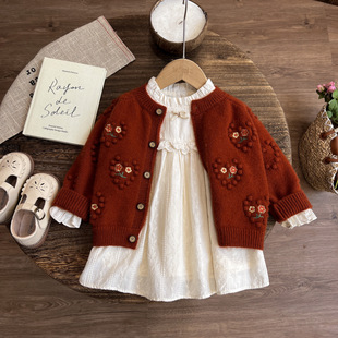 Girls' Spring and Autumn dress Baby's Western Style Children's Solid Color Korean Mori Lace Hollow Princess Dress