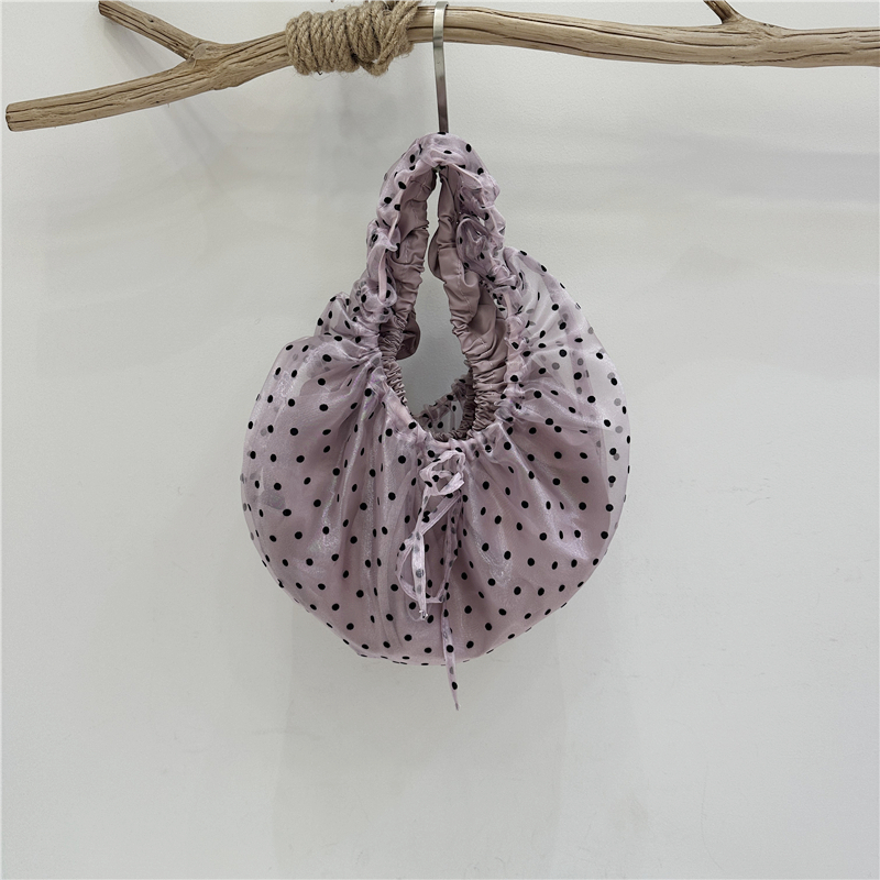 Small, trendy, Korean-inspired, sweet, youthful mesh lace polka dot bag with pleats, perfect for tote or underarm carry.