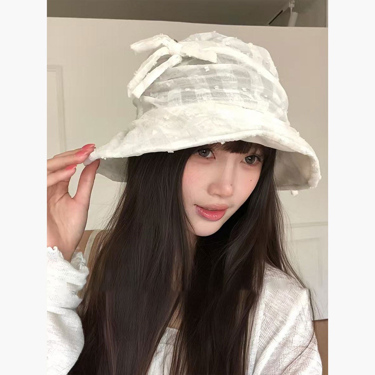 Japanese Retro Style Detachable Bowknot Polka Dot Fisherman Hat for Women, Summer Thin Pleated Sweet Bucket Hat That Makes the Face Look Smaller, Loli Style