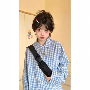 Vintage All-match Long-sleeved Plaid Shirt Women's Layered Casual Lazy Style Pattern Jacket Loose Slim-fit Shirt